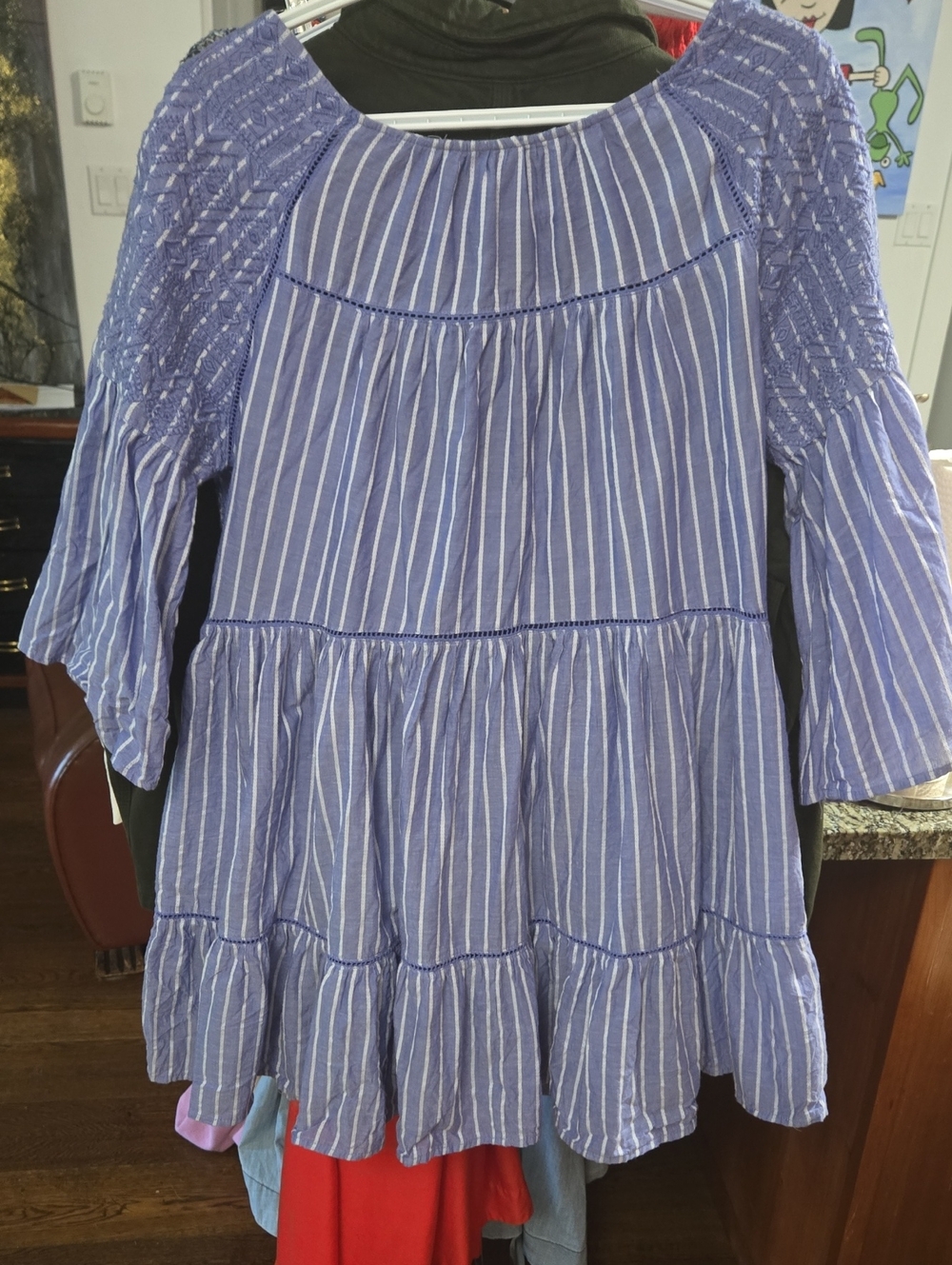 Free People Blue Striped Tiered Dress with Smocked Shoulders